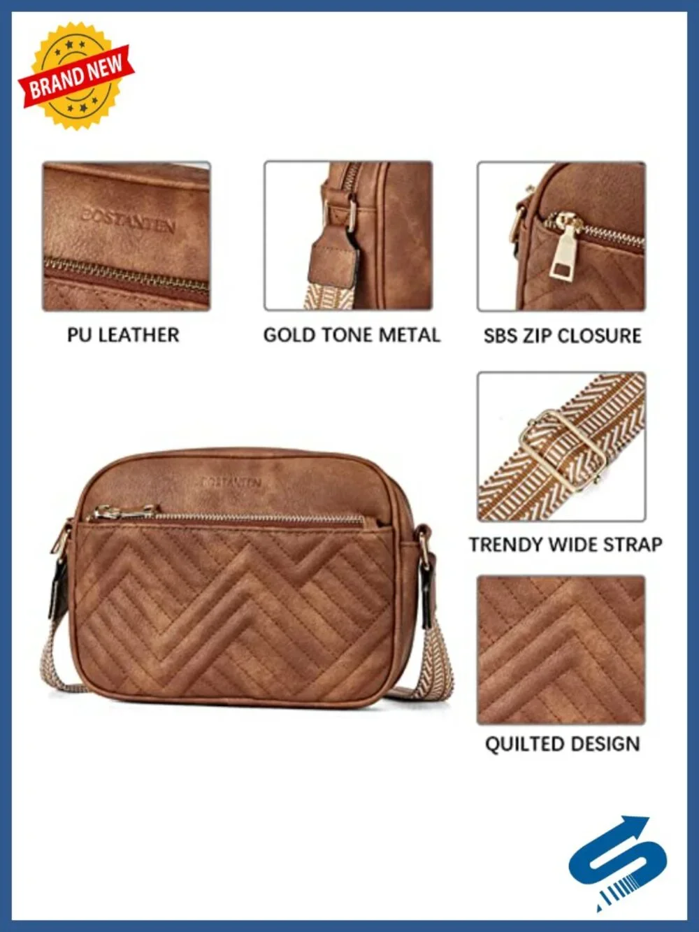 Quilted Vegan Leather Crossbody Bag with Wide Adjustable Strap